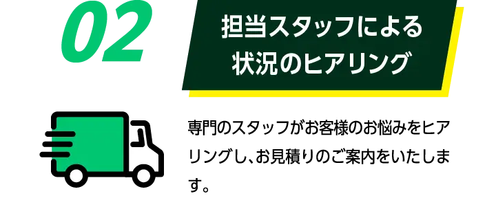 02担当スタッフによる状況のヒアリング: 専門のスタッフがお客様のお悩みをヒアリングし、お見積りのご案内をいたします。